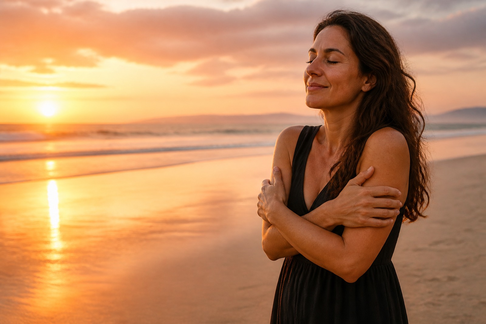 Mulher praticando autocuidado em uma praia tranquila