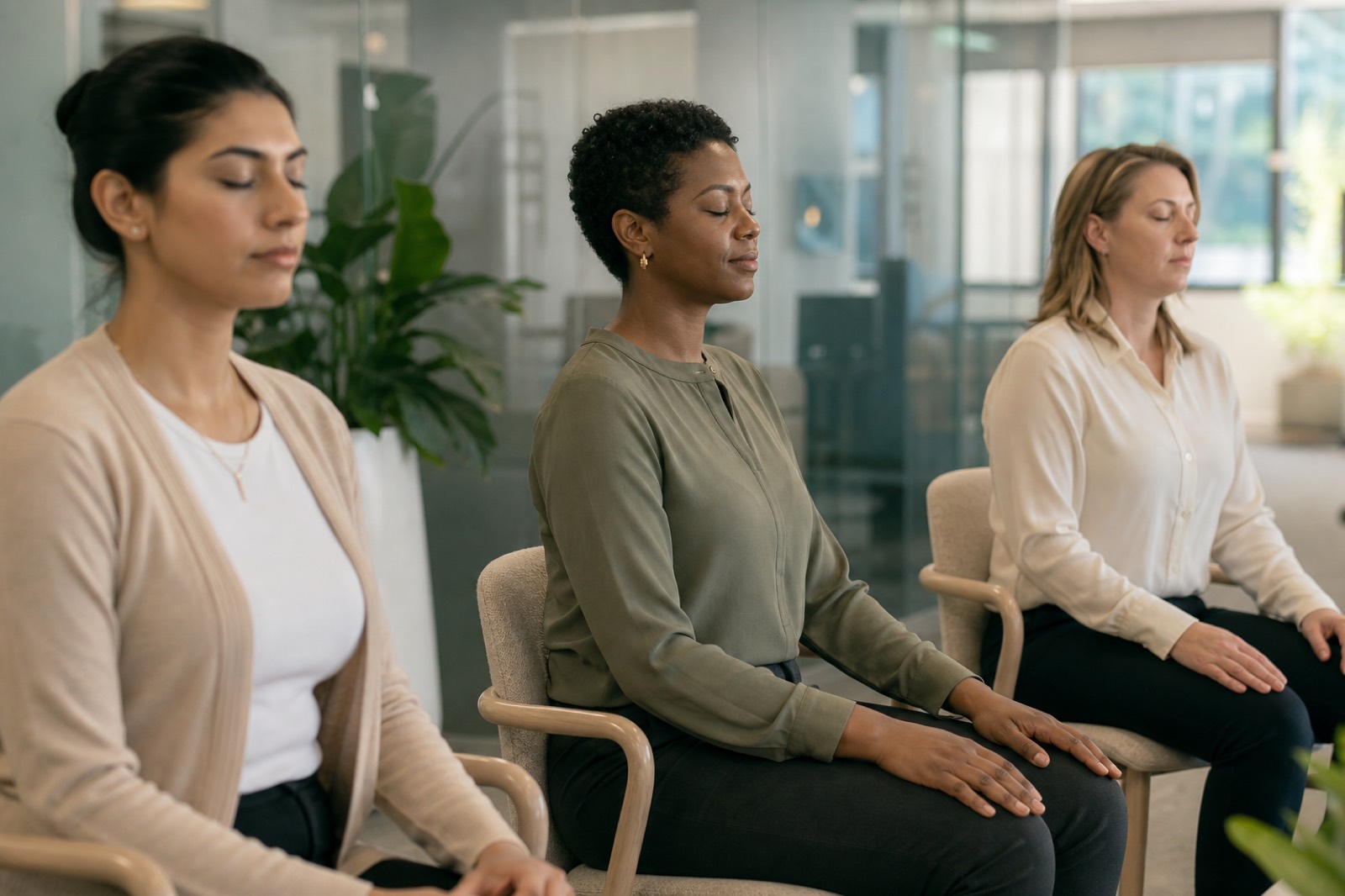 Mulheres praticando mindfulness em um ambiente de trabalho